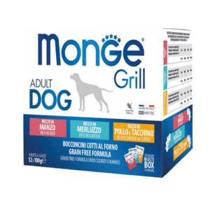 Monge Grill Adult multipack 12x100 gr Merluzzo-Manzo-Pollo e tacchino, monge dog grill, monge umido vari gusti,